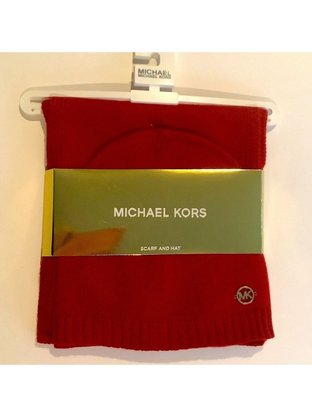 Michael Kors Classic Rib Scarf And Hat Set Red New